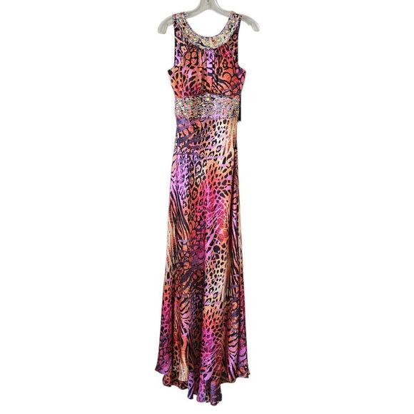 MASQUERADE Women's Maxi Dress Embellished Size 9/10 Multicolor Animal Print Glam - Picture 1 of 12